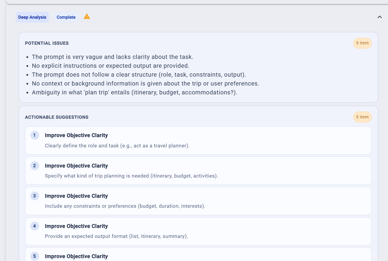 Deep AI analysis breaking down prompt weaknesses with step-by-step improvement suggestions