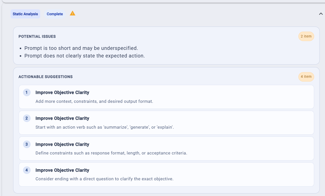 Static prompt analysis showing actionable improvement suggestions
